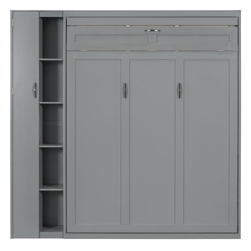 Harper & Bright Designs Queen Murphy Bed with Storage Shelves and LED Lights, Gray D9429