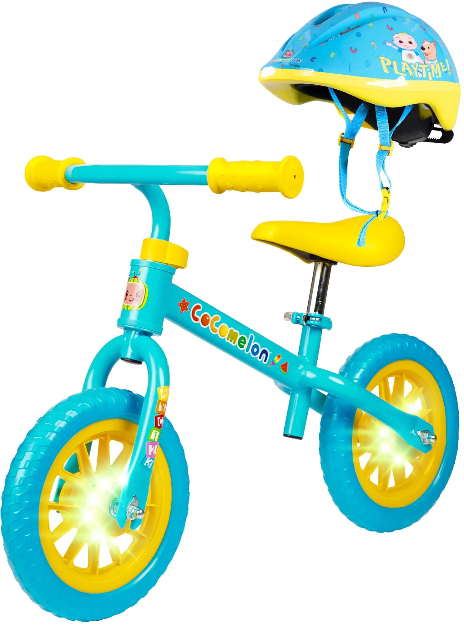 Cocomelon Toddlers Balance Bike with Adjustable Helmet, Light-up Wheels, Blue W771