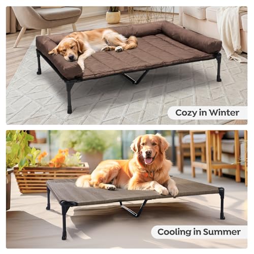 Veehoo Elevated Dog Bed with Removable Waterproof Bolster Cushion, Breathable Mesh, Indoor Outdoor, 42x30 inches, Beige U875430