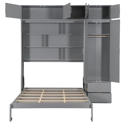 PURLOVE Wood Twin Murphy Bed with Light and USB, Gray W600663