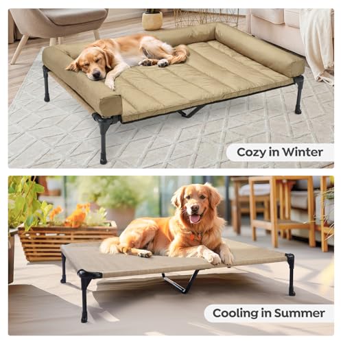 Veehoo Elevated Dog Bed with Removable Waterproof Bolster Cushion, Breathable Mesh, Indoor Outdoor, 42x30 inches, Beige U875430