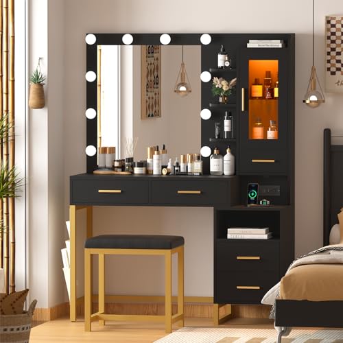 White Vanity Desk with Lighted Mirror and Chair, 5 Drawers Q413