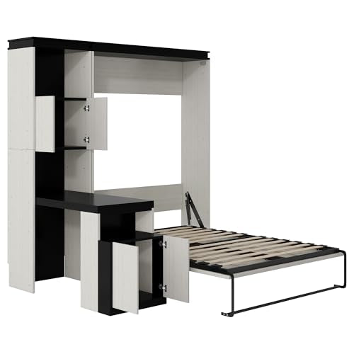 Queen Size Murphy Bed Wall Cabinet with 2 Wardrobes and Storage Shelf, White E955210