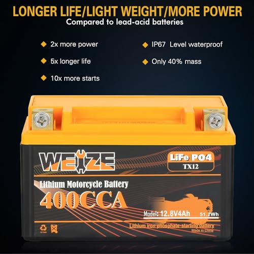 Weize Lithium YTX30L-BS 12V 10AH LiFePO4 Motorcycle Battery with Smart BMS E599001