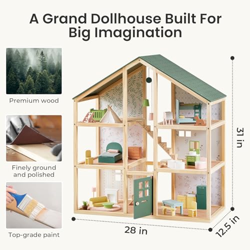Tiny Land Wooden Dollhouse for Girls with 31Pcs Furniture Accessories, Green L263