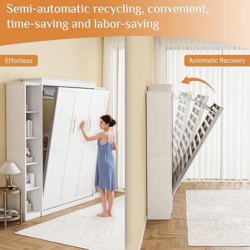 Queen Murphy Bed with Storage Bookcase & Adjustable Shelves, Foldable Wall Bedframe, White U7258