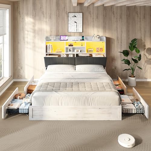 Farmhouse Bed Frame with Bookcase Headboard, LED Storage, Black G550865