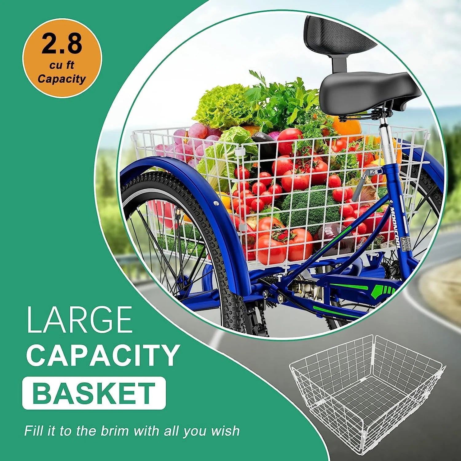 FICISOG 26 Adult Tricycle, 3 Wheel 7 Speed, 450lbs Capacity with Basket X547