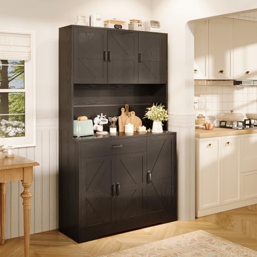 72" Tall Storage Cabinet, Kitchen Pantry Cabinet with Adjustable Shelves & Sturdy Steel Frame, Farmhouse Pantry Storage with 4 Barn Doors for Kitchen, Dining Room, and Living Room, Dark Grey