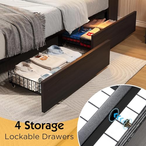 Farmhouse Bed Frame with Bookcase Headboard, LED Storage, Black G550865