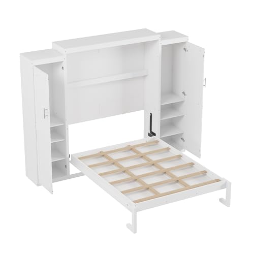 Queen Size Murphy Bed Wall Cabinet with 2 Wardrobes and Storage Shelf, White E955210