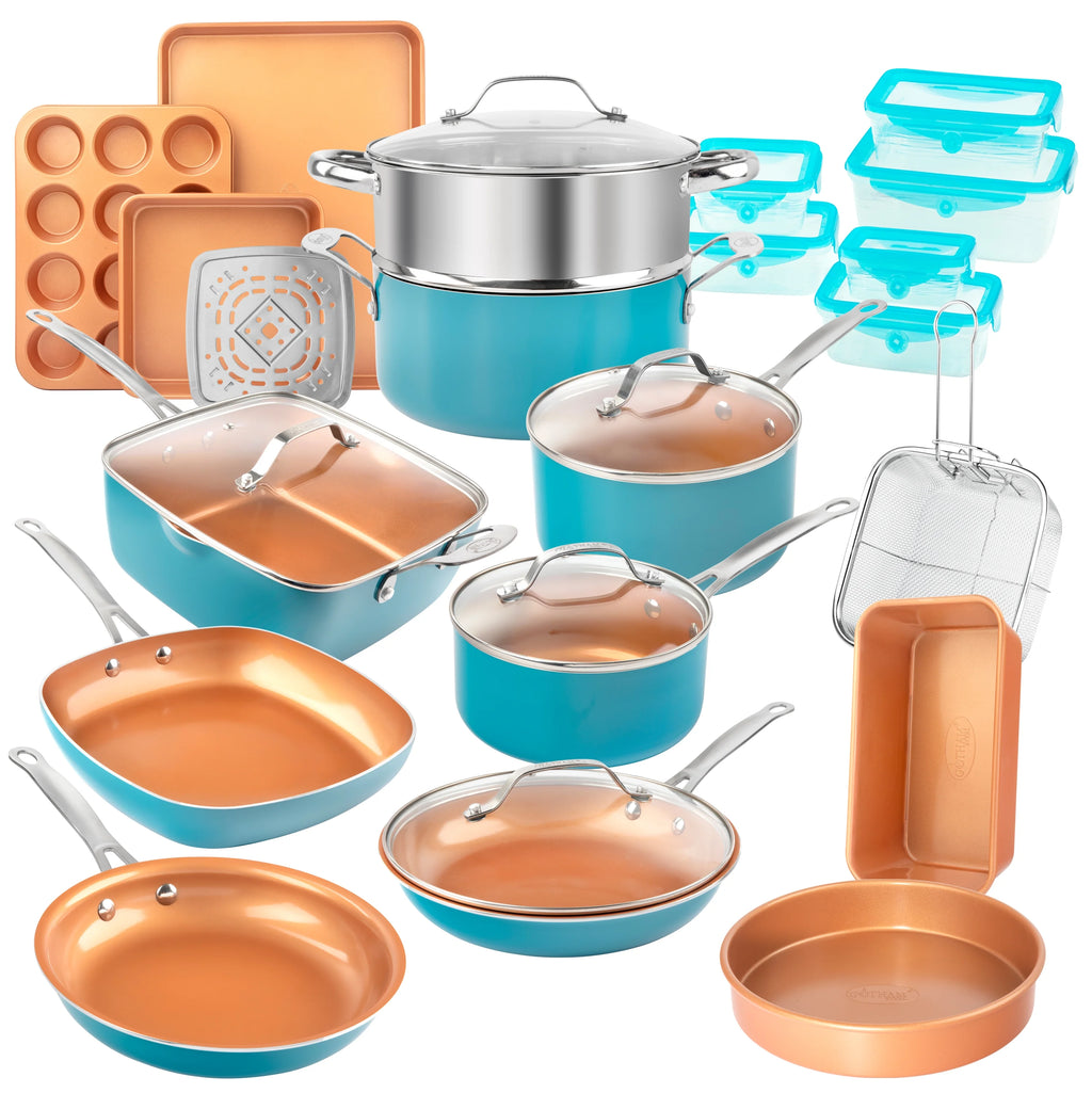 Gotham Steel 32 Pcs Cookware Set with Bakeware and Food Storage, Red B614356