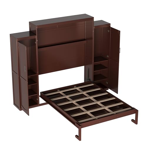 Queen Size Murphy Bed Wall Cabinet with 2 Wardrobes and Storage Shelf, White E955210