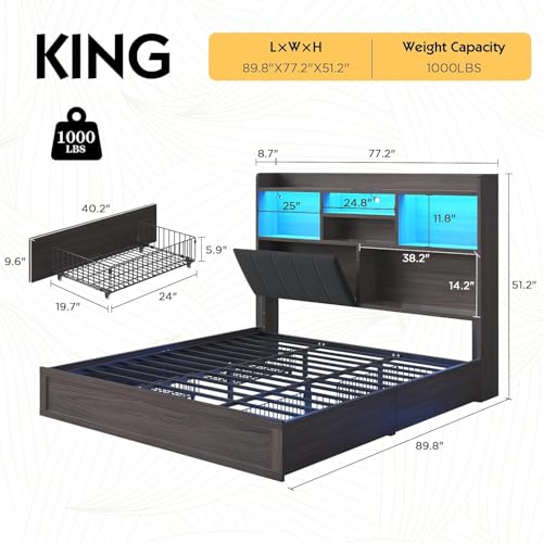 Farmhouse Bed Frame with Bookcase Headboard, LED Storage, Black G550865