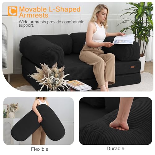 COMAX Folding Sofa Bed Convertible Chair Bed Corduroy 3-in-1 Floor Couch, Dark Grey E940