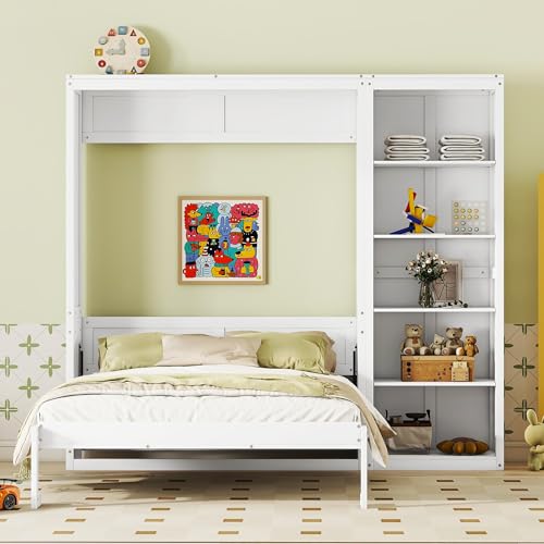 Merax Queen Murphy Bed with Storage Shelves, Foldable Wall Bed, White V837
