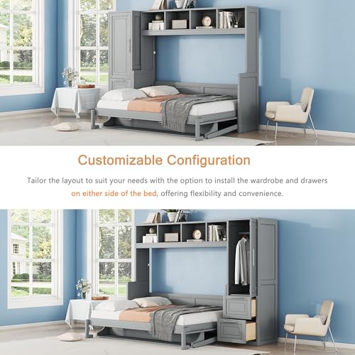Linique Murphy Cabinet Wall Bed with Closet, Drawers and Top Shelf, Gray K190832
