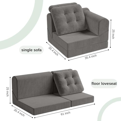 COMAX Folding Sofa Bed Convertible Chair Bed Corduroy 3-in-1 Floor Couch, Dark Grey E940