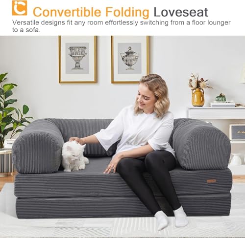 COMAX Folding Sofa Bed Convertible Chair Bed Corduroy 3-in-1 Floor Couch, Dark Grey E940