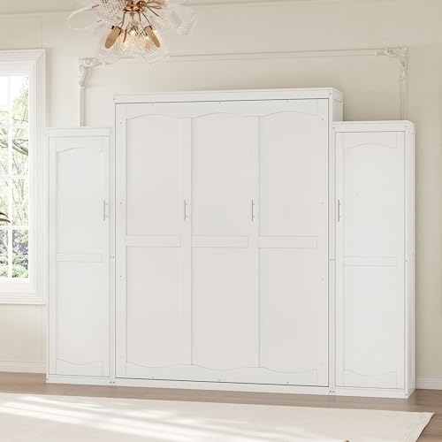 Queen Size Murphy Bed Wall Cabinet with 2 Wardrobes and Storage Shelf, White E955210