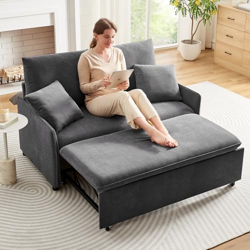 55" 3-in-1 Convertible Sleeper Sofa Bed with Adjustable Backrest, Chenille, Beige R49011