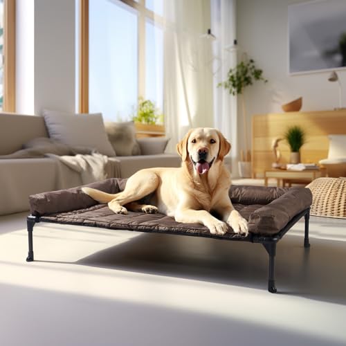 Veehoo Elevated Dog Bed with Removable Waterproof Bolster Cushion, Breathable Mesh, Indoor Outdoor, 42x30 inches, Beige U875430