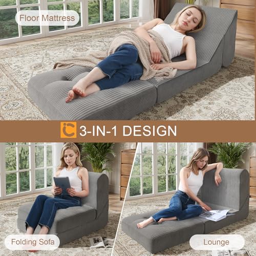 COMAX Folding Sofa Bed Convertible Chair Bed Corduroy 3-in-1 Floor Couch, Dark Grey E940