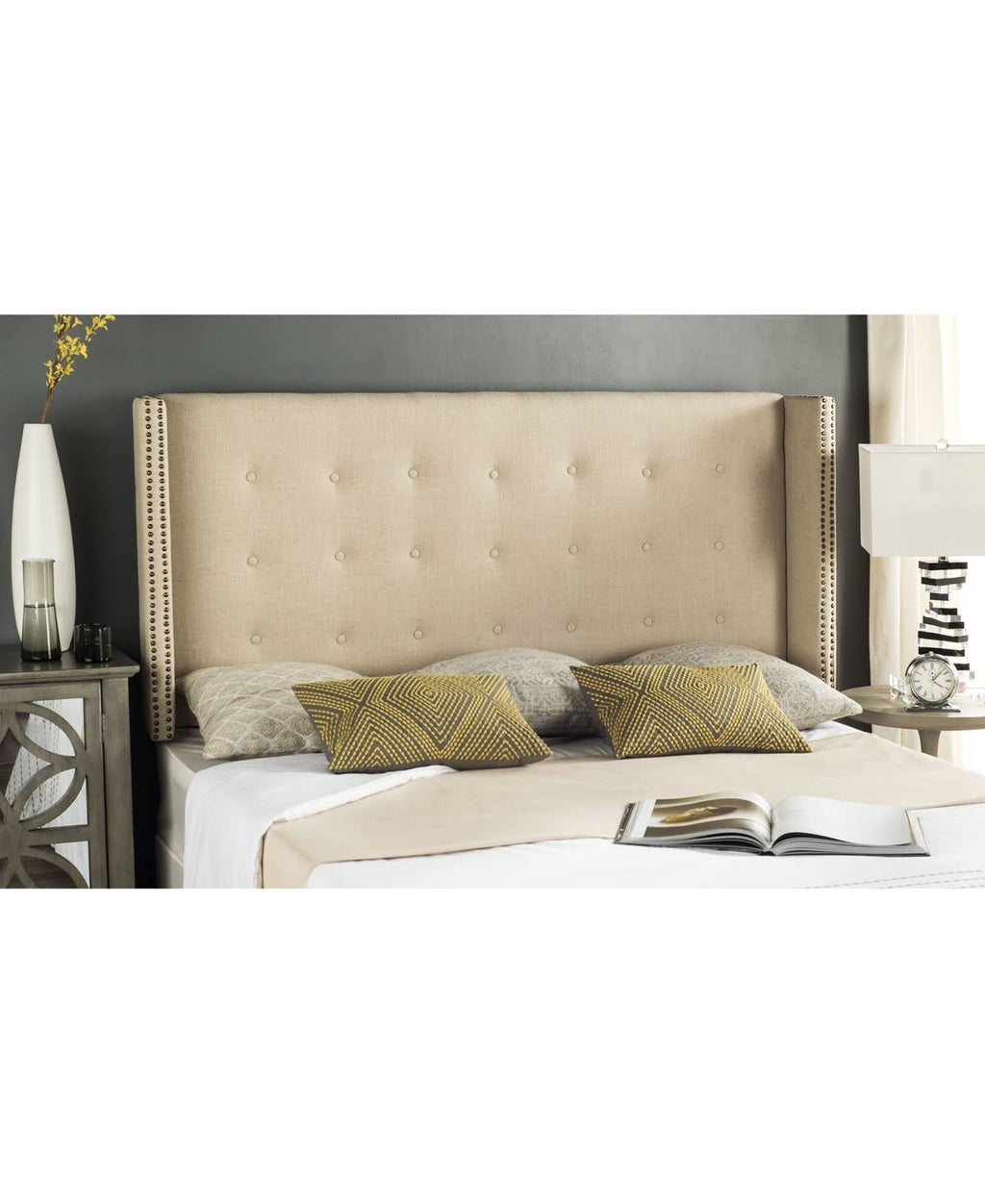 Safavieh Keegan Linen Tufted Winged Headboard Navy Queen A209358
