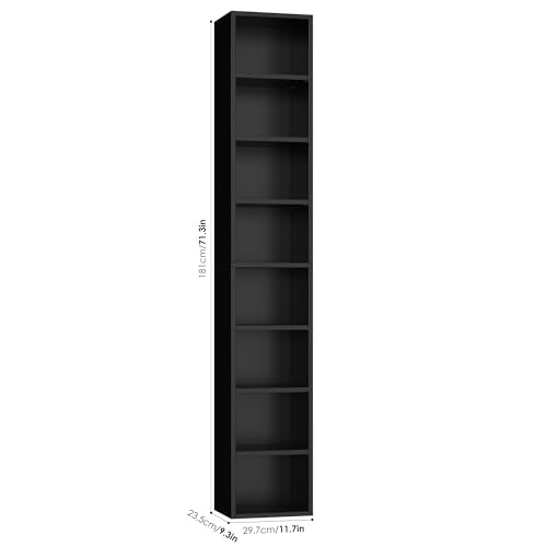 FOTOSOK 8-Tier Media Tower Rack, Tall Narrow Bookcase, Black/Brown W19438
