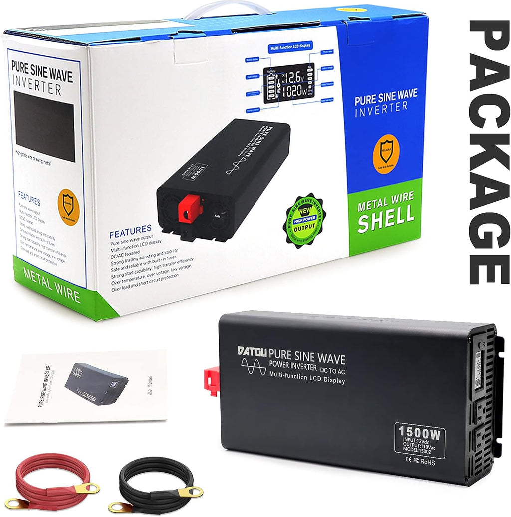 Pure Sine Wave Power Inverter 1500W DC 12V to AC 110V with 2 Outlets LCD Display X168216