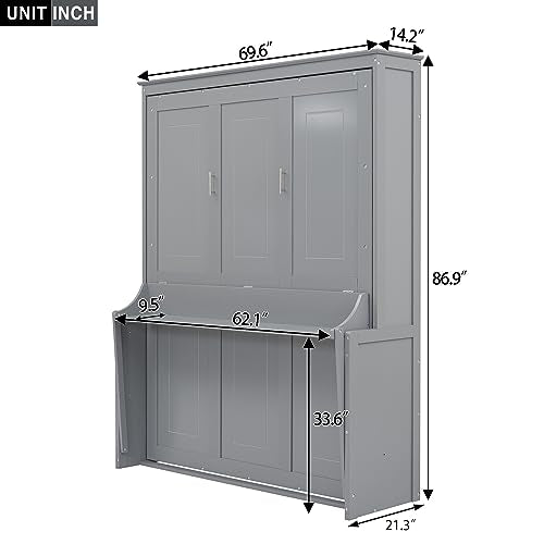 Queen Size Murphy Bed with Foldable Shelf/Desk, Solid Pine Wood, White P330