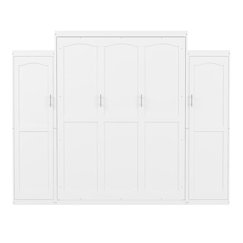 Queen Size Murphy Bed Wall Cabinet with 2 Wardrobes and Storage Shelf, White E955210