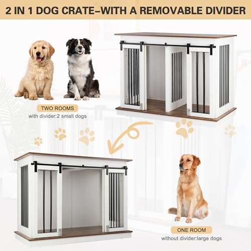 Sunseen Dog Crate Furniture Large Breed Wooden Kennel with Room Divider & 3 Drawer, Double Doors, Black F4828