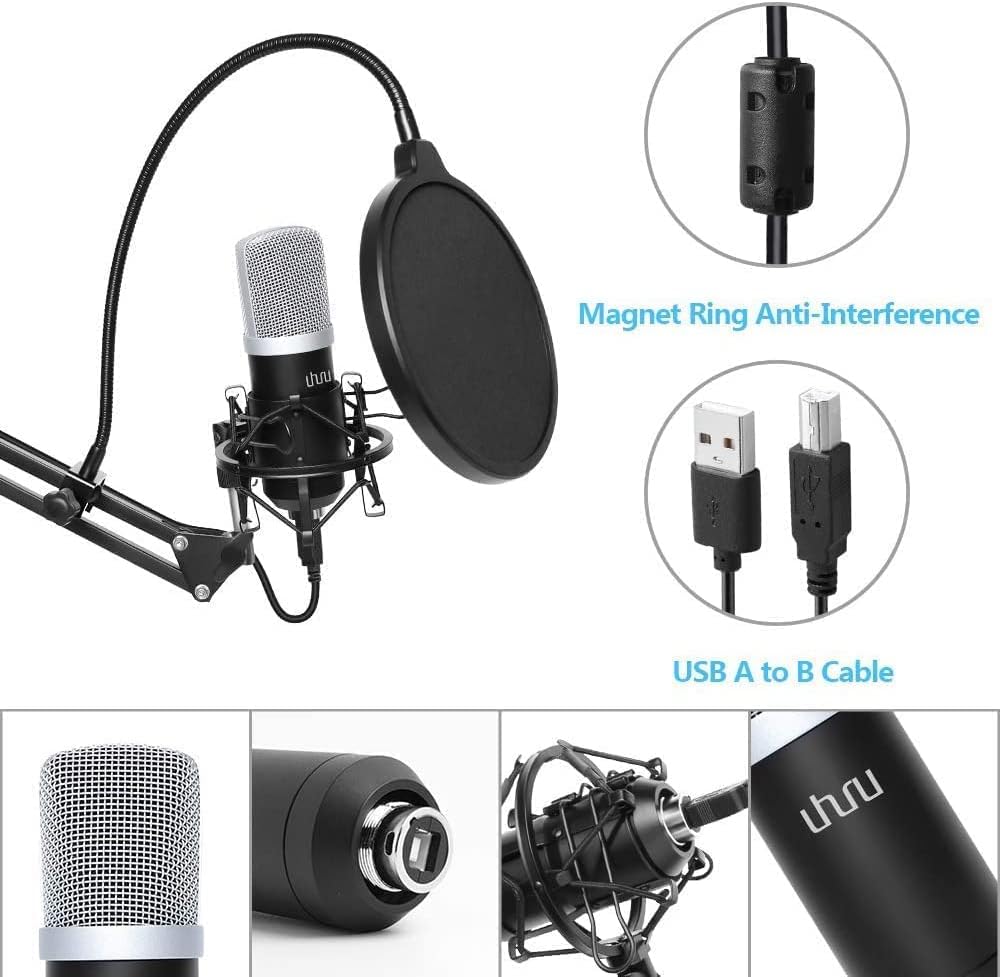 UHURU USB Podcast Condenser Microphone Kit with Boom Arm, 2 Pack W6815