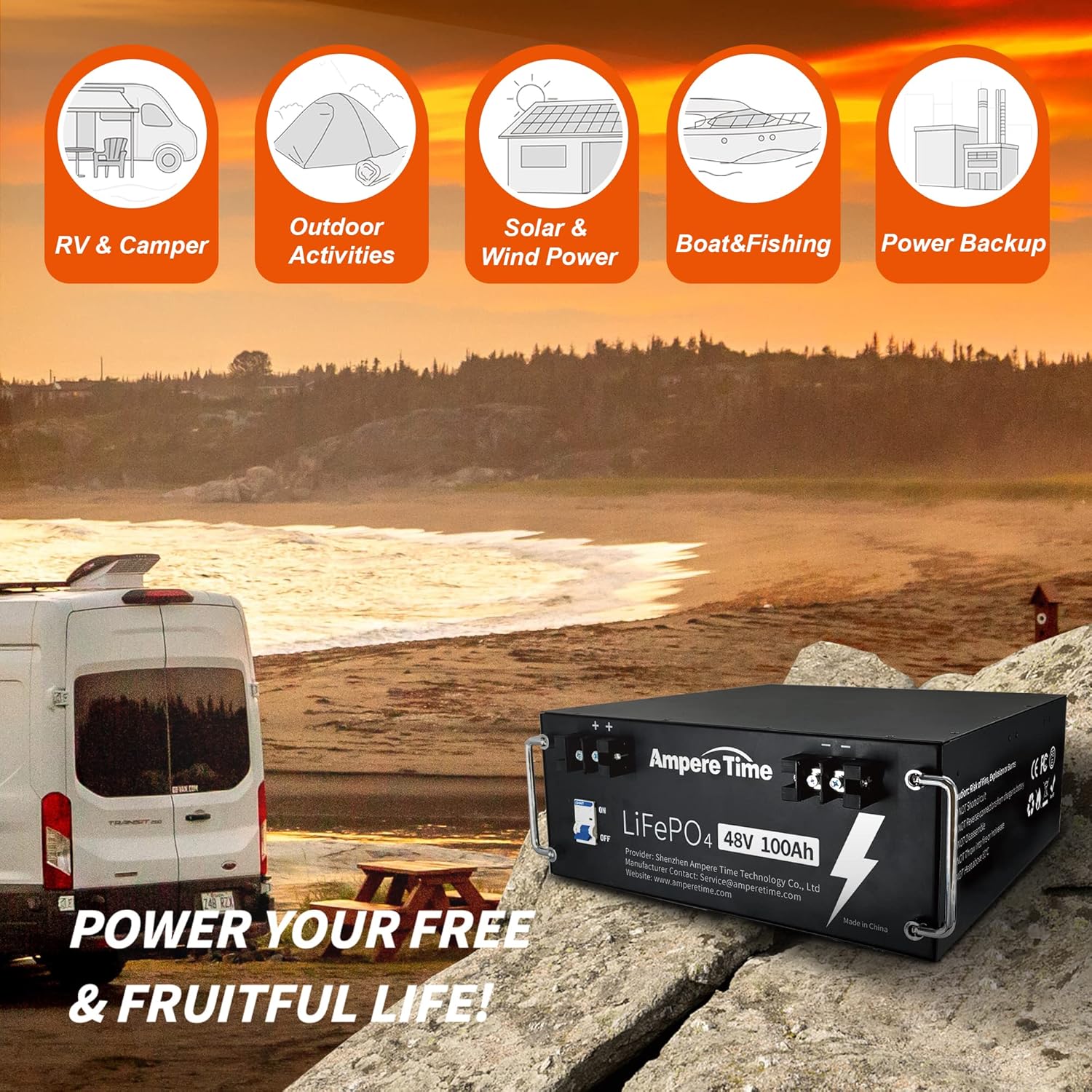 Ampere Time 12V 200Ah Plus LiFePO4 Battery with 200A BMS N84511