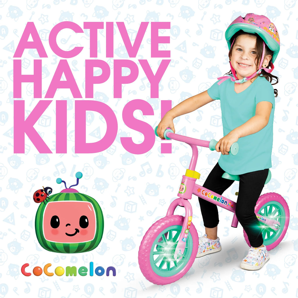 Cocomelon Toddlers Balance Bike with Adjustable Helmet, Light-up Wheels, Blue W771