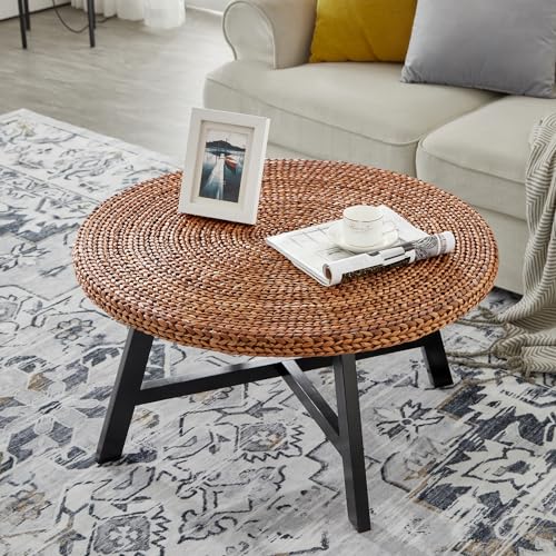 RANDEFURN Round Seagrass Coffee Table with Pine Wood X Base, 32 x 17 Inches E987219