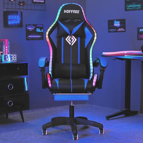 HOFFREE RGB Gaming Chair with Speakers and Footrest, Blue and Black B69323