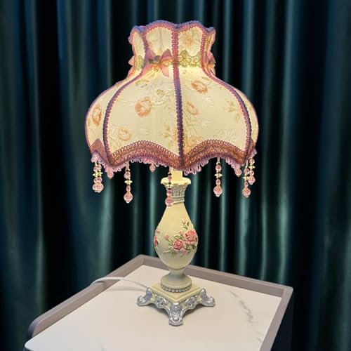 Vintage Floral Fabric Table Lamp with Beaded Lampshade G3551