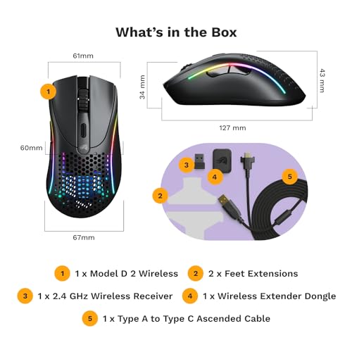 Glorious Gaming Model D 2 Wireless Ergonomic Mouse, 66g, White V612