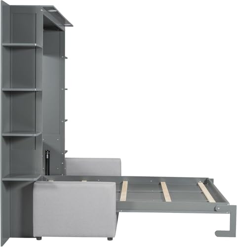 Queen Murphy Bed with Couch and Storage Shelves, Wood Cabinet, Grey I683551
