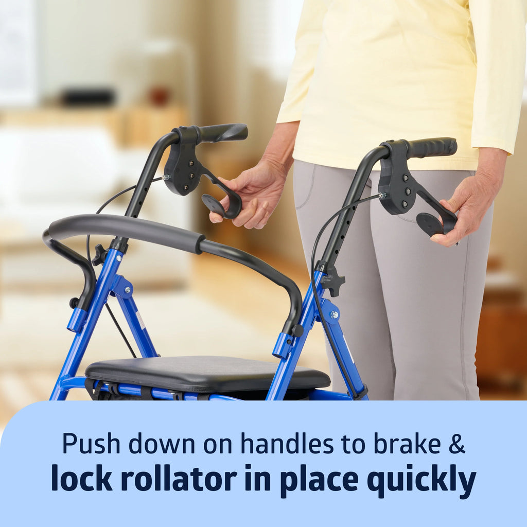 Medline Steel Rollator Walker for Adult, Blue, 350 lb Capacity J290028