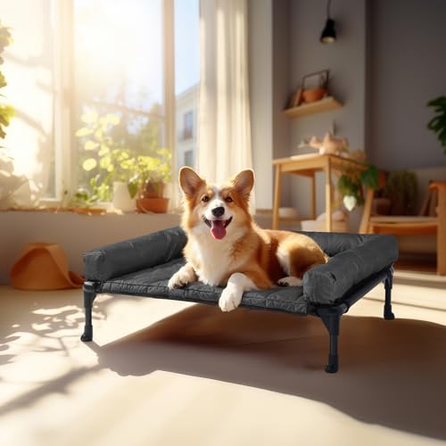 Veehoo Elevated Dog Bed with Removable Waterproof Bolster Cushion, Breathable Mesh, Indoor Outdoor, 42x30 inches, Beige U875430