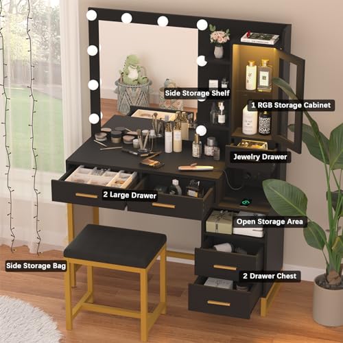 White Vanity Desk with Lighted Mirror and Chair, 5 Drawers Q413