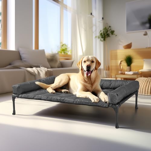 Veehoo Elevated Dog Bed with Removable Waterproof Bolster Cushion, Breathable Mesh, Indoor Outdoor, 42x30 inches, Beige U875430