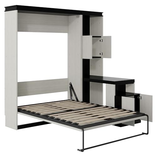 Queen Size Murphy Bed Wall Cabinet with 2 Wardrobes and Storage Shelf, White E955210