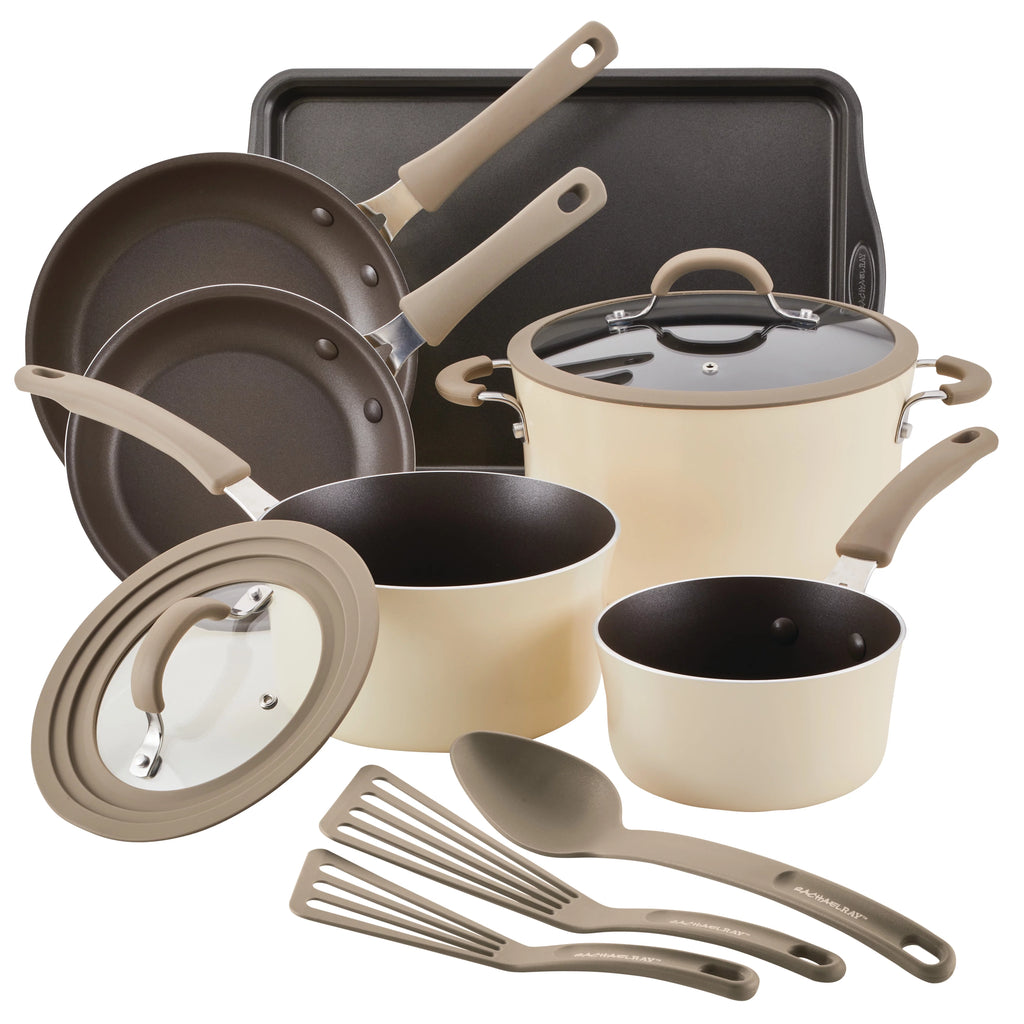 Rachael Ray Cook + Create 11 Piece Aluminum Nonstick Pots and Pans Sets. Almond