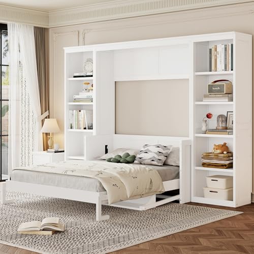 SOFTSEA Full Size Murphy Bed with Desk and Shelves, White F195