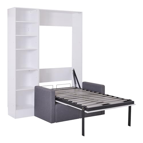 MERITLINE Queen Murphy Bed with Couch and Storage Shelves, White M951