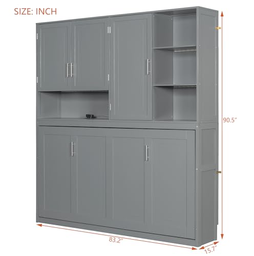 PURLOVE Wood Twin Murphy Bed with Light and USB, Gray W600663
